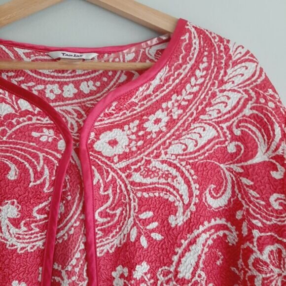 TANJAY Textured Light Paisley & Floral Satin Cardigan Top Sz 16 - Picture 4 of 12